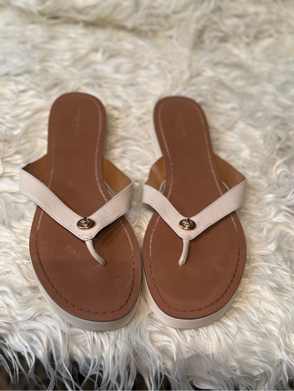Coach Women's Beige Leather Thong Sandals with Gold Logo